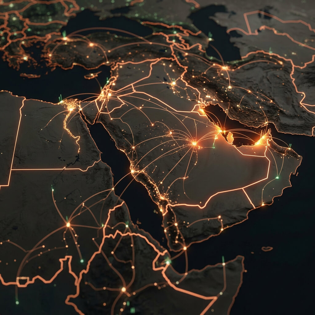 A network map of the MENA region lit up with connections